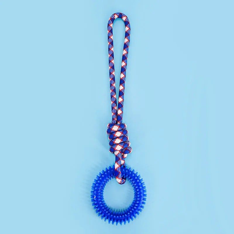 Blue braided rope dog toy with a central knot, shown next to a tape measure indicating its 43cm length.