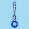 Blue braided rope dog toy with a central knot, shown next to a tape measure indicating its 43cm length.