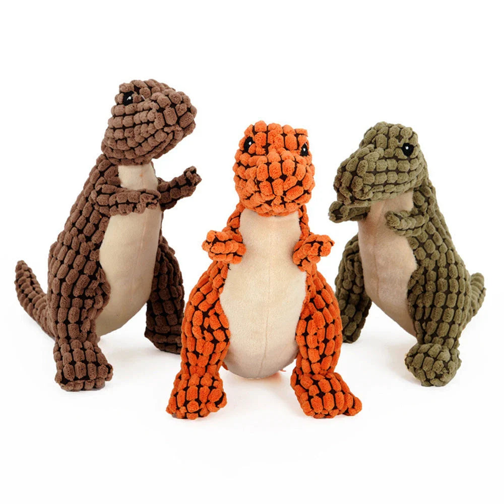 Large plush dinosaur chew toys for big dogs in various colors and sizes