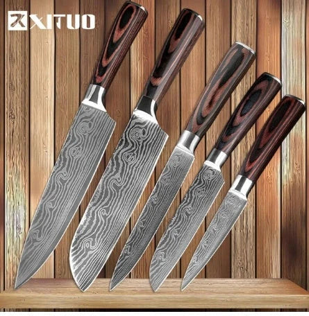 Premium Damascus kitchen knife set with elegant storage box, featuring high-carbon stainless steel blades and color-treated wood handles