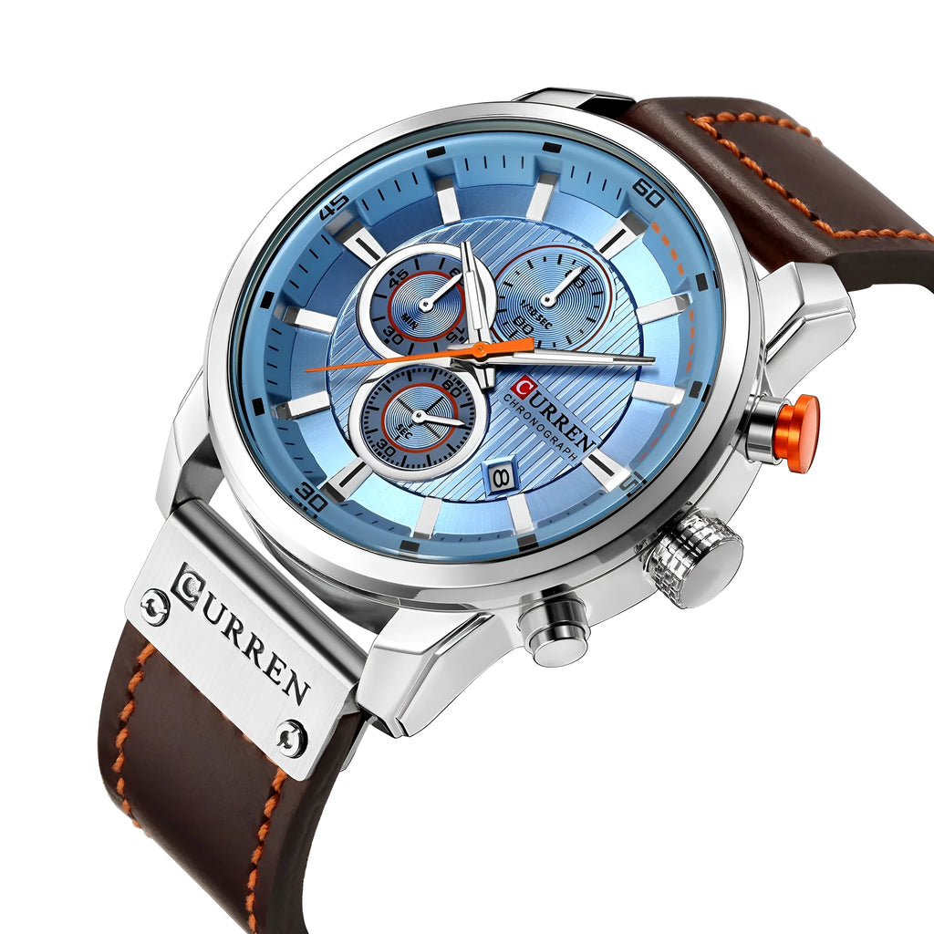 Men's quartz chronograph watch with black dial, leather strap, and titanium pin buckle 47mm waterproof
