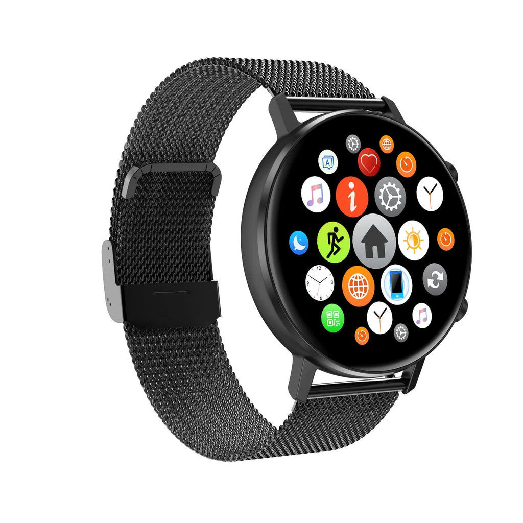 DT96 smart bracelet with 1.3-inch display on steel strap in black, rose gold, or silver colour options