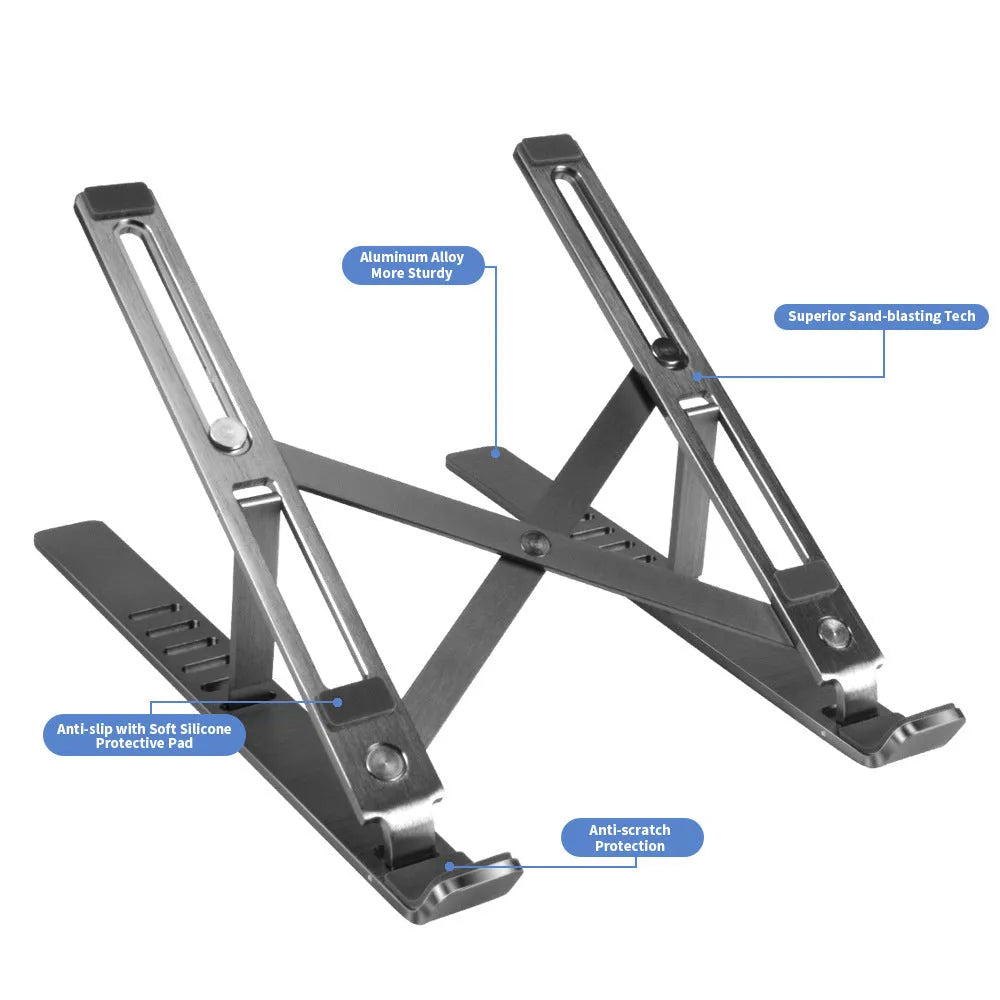 Silver aluminium laptop stand showing six height adjustment positions with laptop elevated