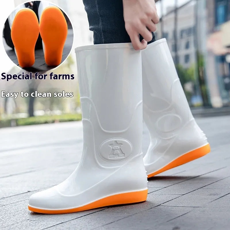 Men's white plastic high tube rain boots with a flat heel on a solid background.