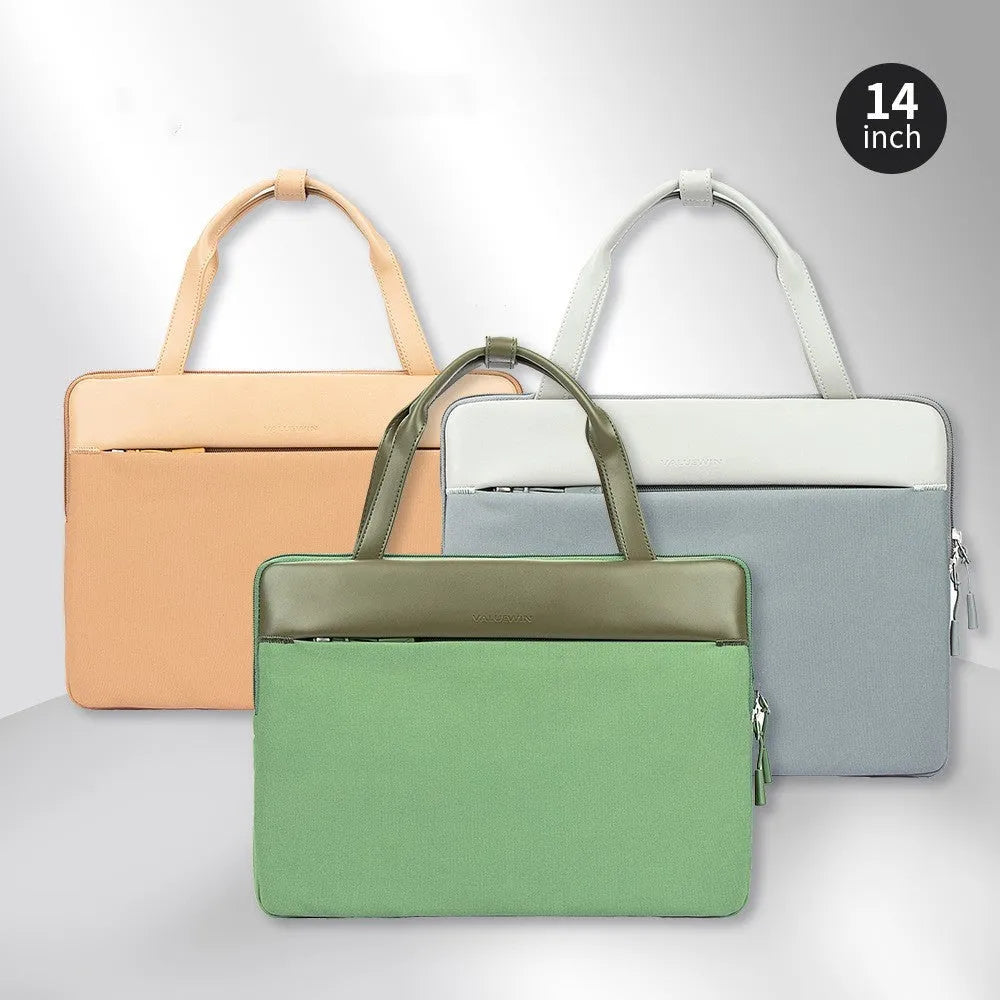 14.2 inch polyester laptop sleeve with soft handle and zipper pocket in light gray, green or orange