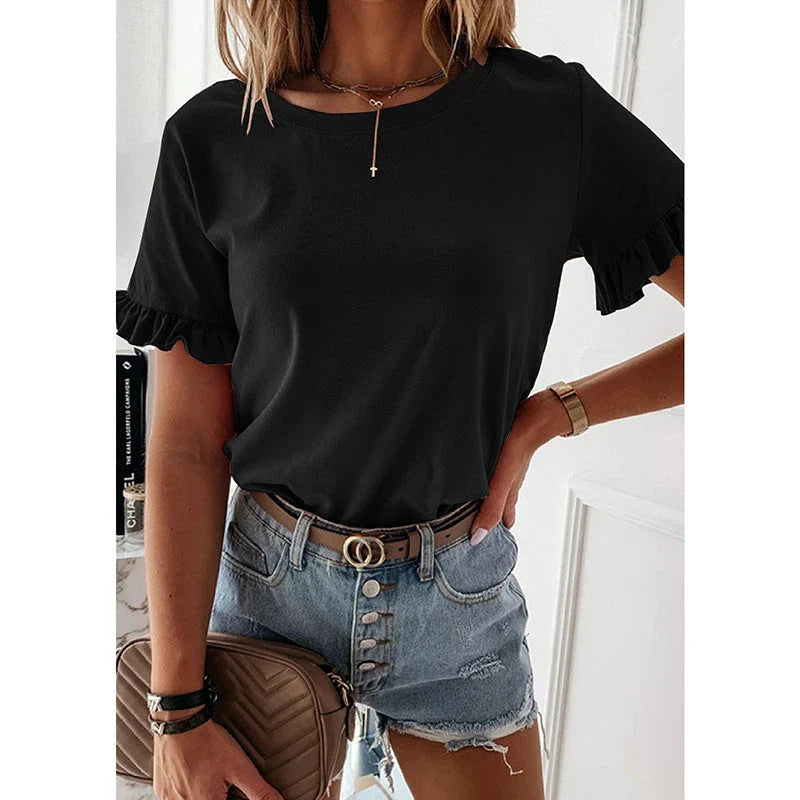 NZ Chic Ruffle-Trim Short Sleeve Blouse