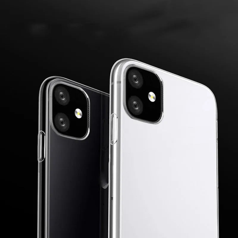 Transparent TPU soft shell mobile phone case for iPhone on a flat surface.