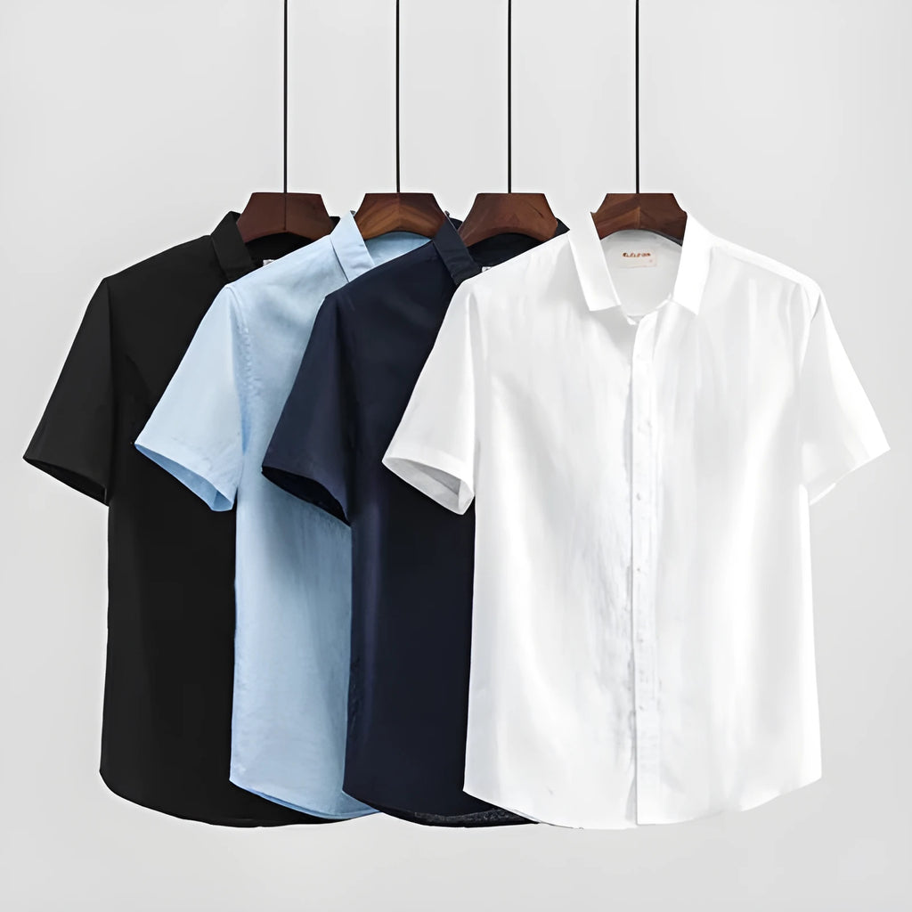 Man's casual short sleeve linen shirt with square collar in sapphire blue