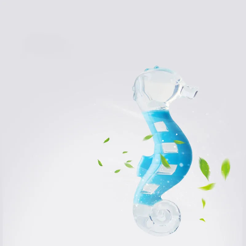 Two PU nylon dog chewing toys: a blue seahorse and an orange tuna on a white background