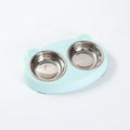 Blue plastic pet feeder tray with two bowls for cat or dog food and water