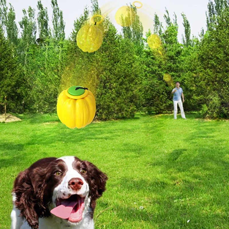 Green, orange, and yellow plastic pumpkin-shaped dog ball with squeaker for small dogs.