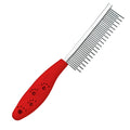 Red plastic handle stainless steel pet comb with short and long teeth for detangling dog or cat fur.