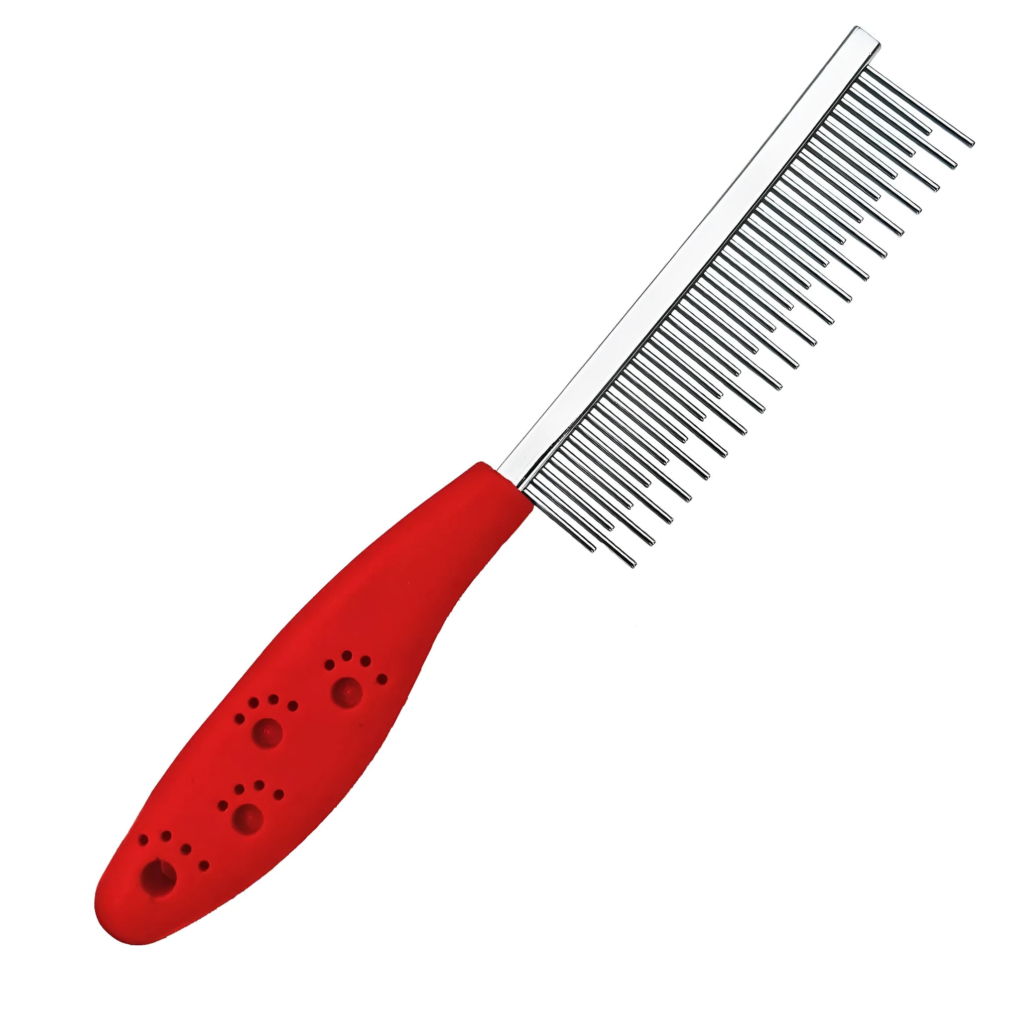 Red plastic handle stainless steel pet comb with short and long teeth for detangling dog or cat fur.