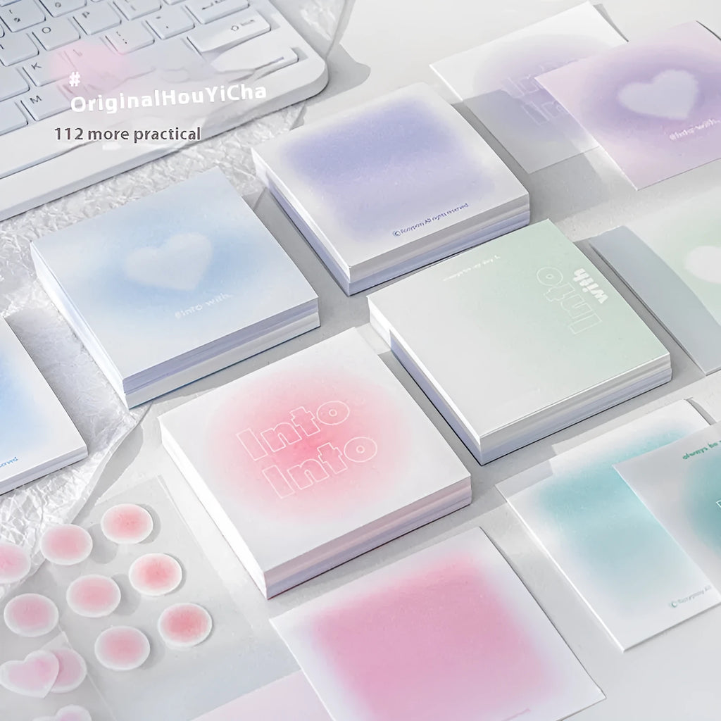 Square 70mm gradient colour multifunctional notepad showing sticky notes, plain paper, and parchment sheets.