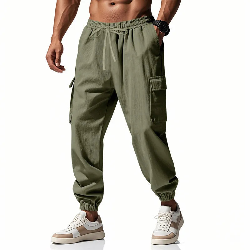 Men's linen casual trousers with ankle ties and multiple pockets in solid colour