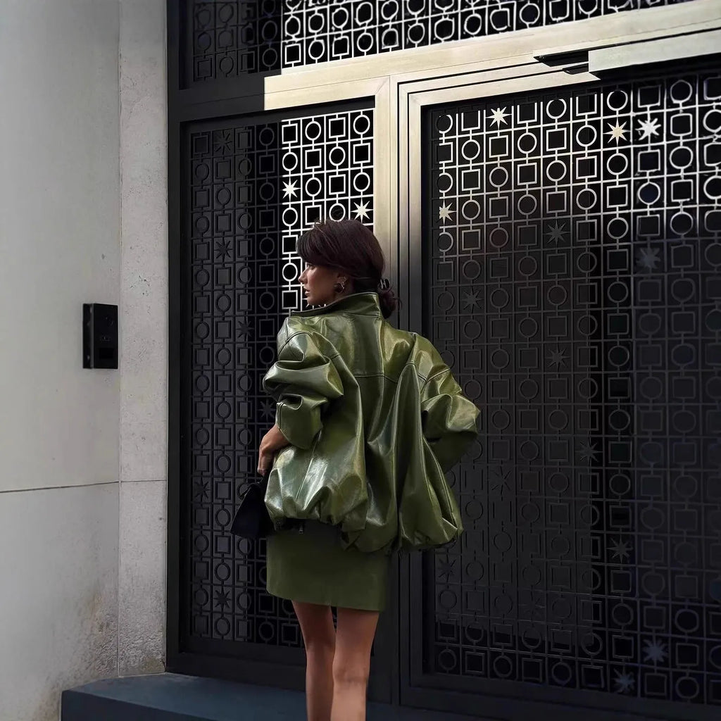 Green PU leather jacket and strapless dress set in cotton polyester, sizes S M L, street hipster style