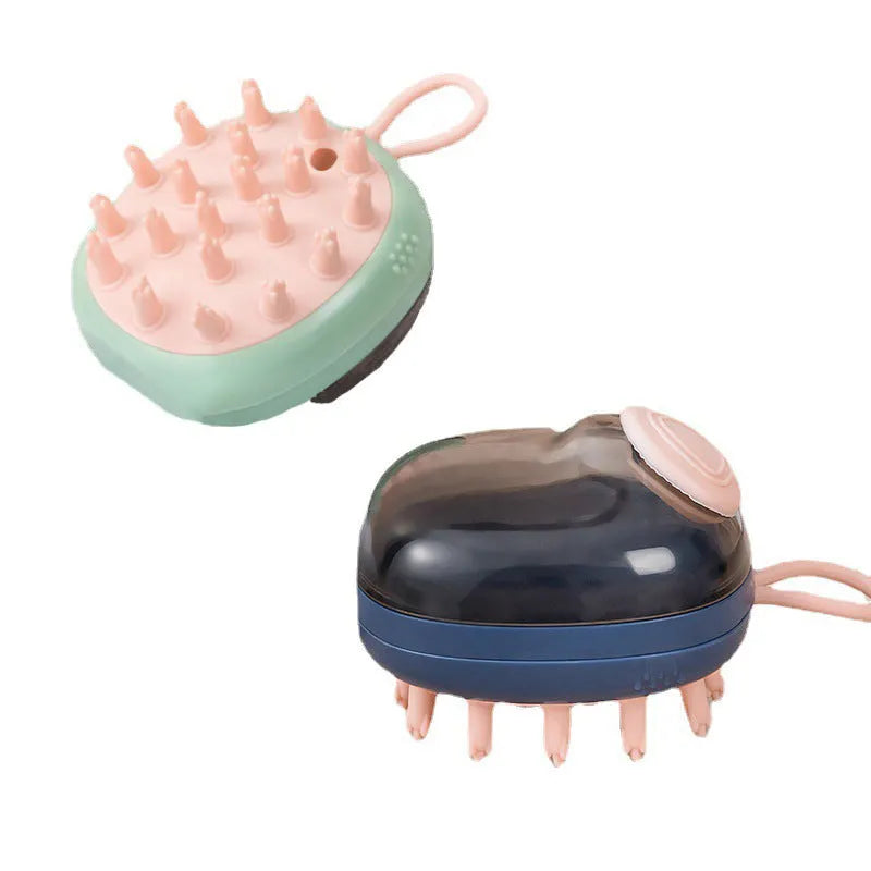 Blue and green 2-in-1 pet grooming brush with shampoo dispenser and silicone bristles
