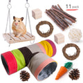 Assortment of natural wooden, straw, and woven toys for small pets including rabbits and parrots.