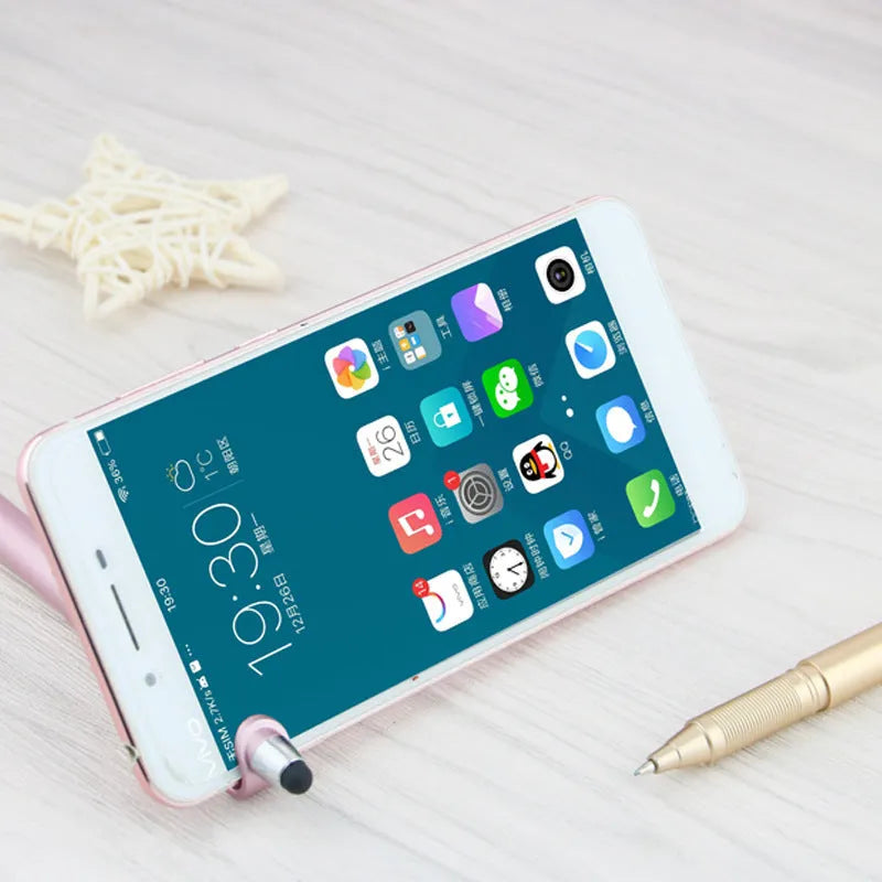 Black and blue multifunctional touchscreen pen with built-in phone holder, showing 0.5mm tip.