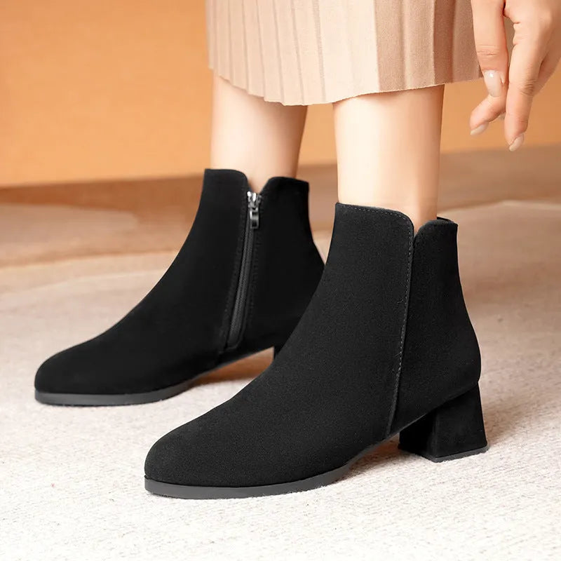 Women's pointed toe frosted suede boots with side zipper and chunky mid heel in solid colour
