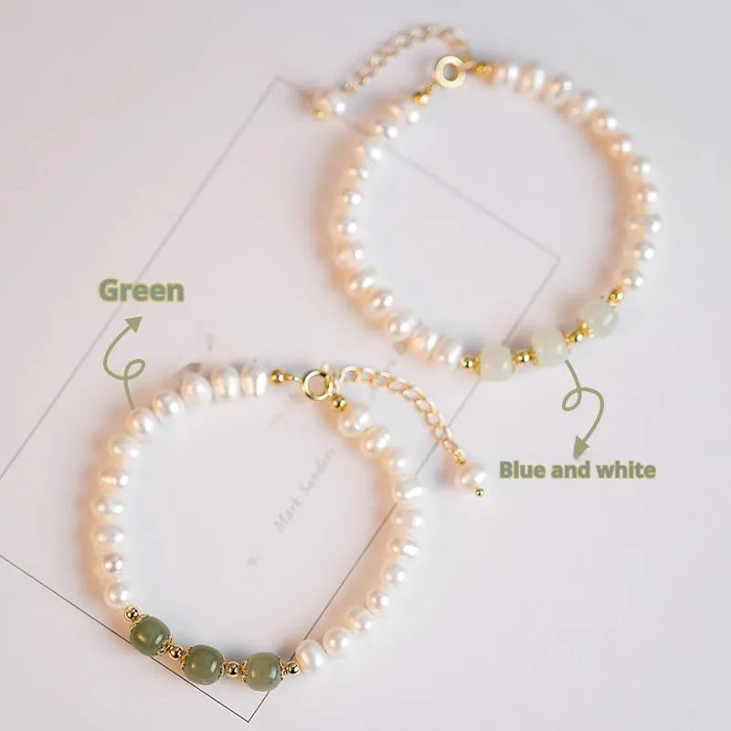 Natural freshwater pearl bracelet in Hetian jade colour with diamond shape and Korean style design.