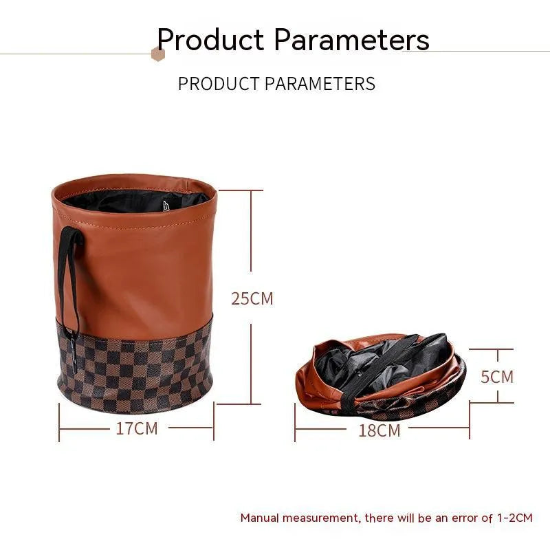 Black retractable leather car trash can with handle shown in folded and expanded states