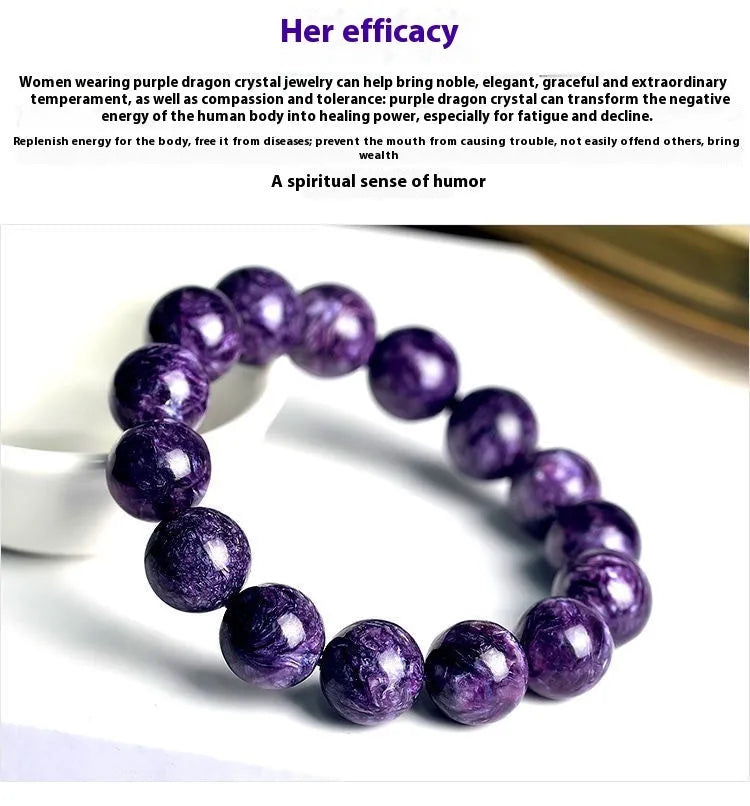 Transparent charoite crystal bracelet with platinum settings on a wrist, showing different bead size options.