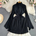 Horn long sleeves stand collar waist A-line chiffon dress in midi length, available in multiple colours