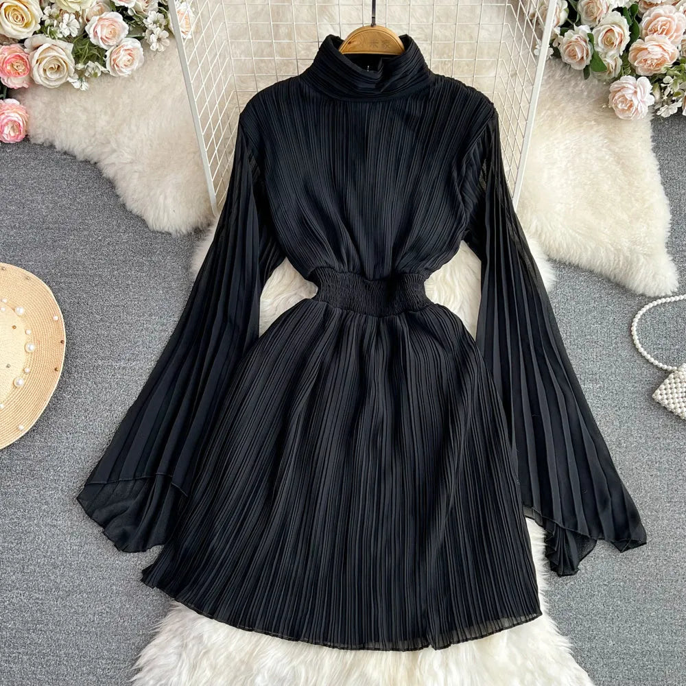 Horn long sleeves stand collar waist A-line chiffon dress in midi length, available in multiple colours