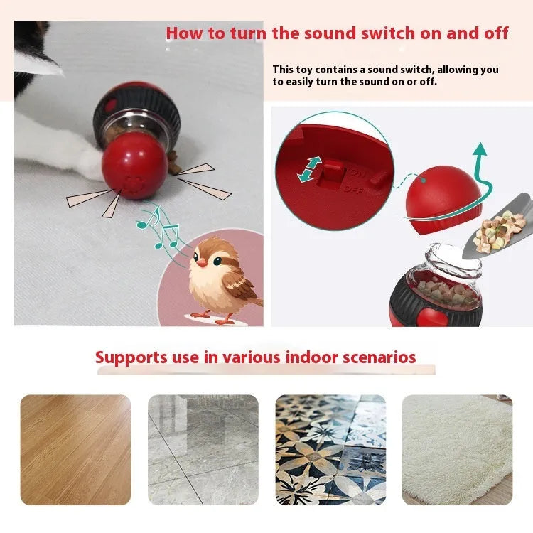 Plastic rotating cat toy with sound and food dropping ball measuring 155mm
