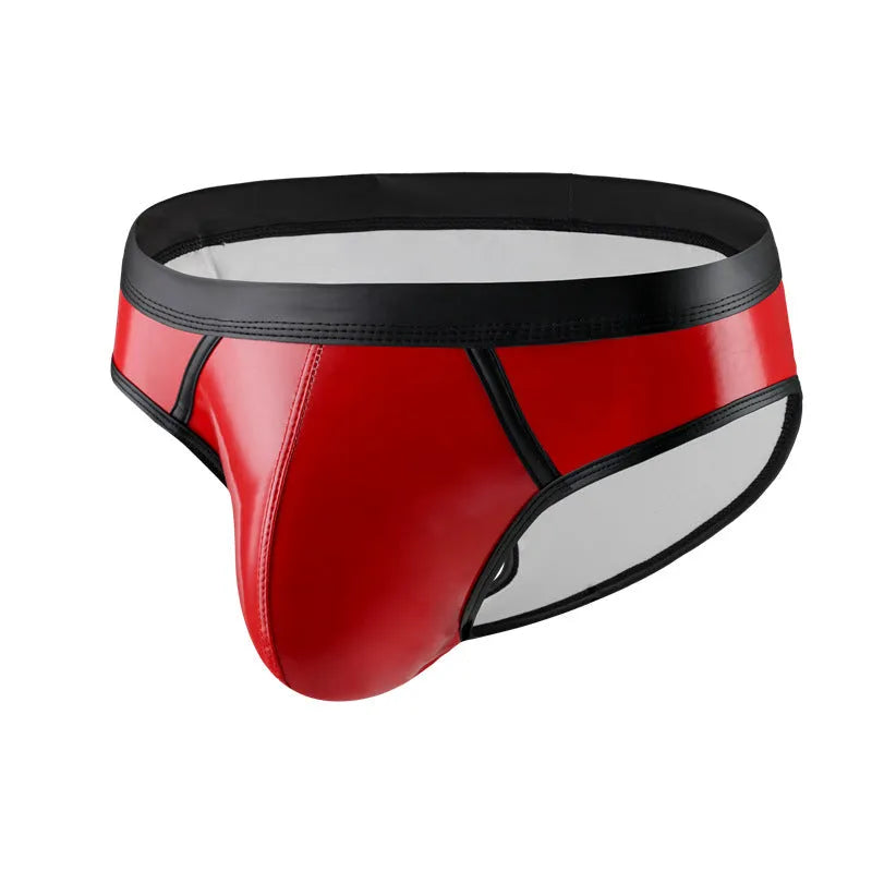 Men's patent leather effect bikini swim briefs in gold, red, or silver colour on a low waist