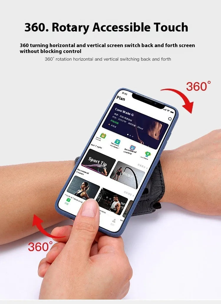 Black mobile phone arm bag with adjustable wrist strap holding smartphone for delivery riding or running