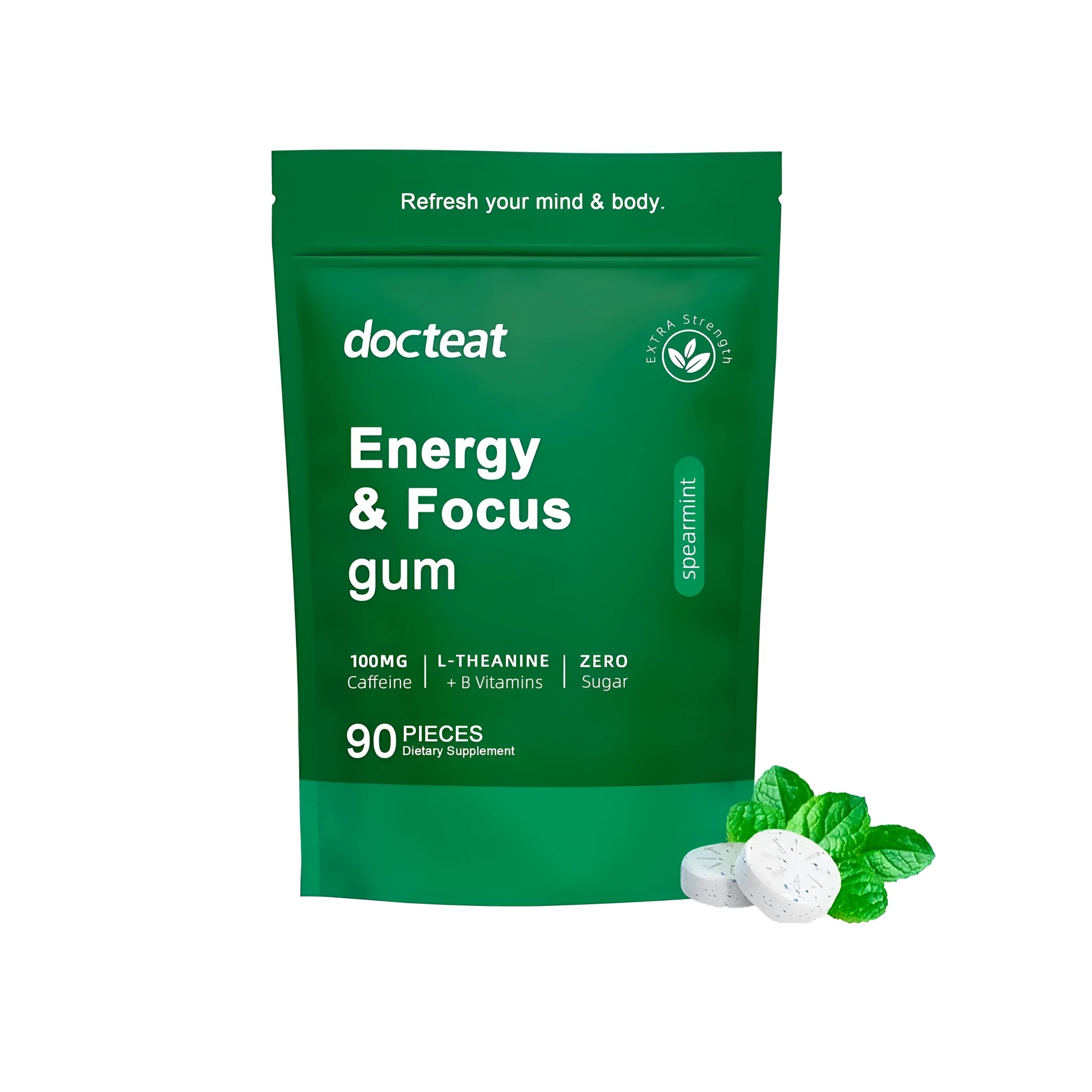 Mint Tablet Sugar pack showing 90 pieces containing green coffee bean extract with L-theanine and B vitamins