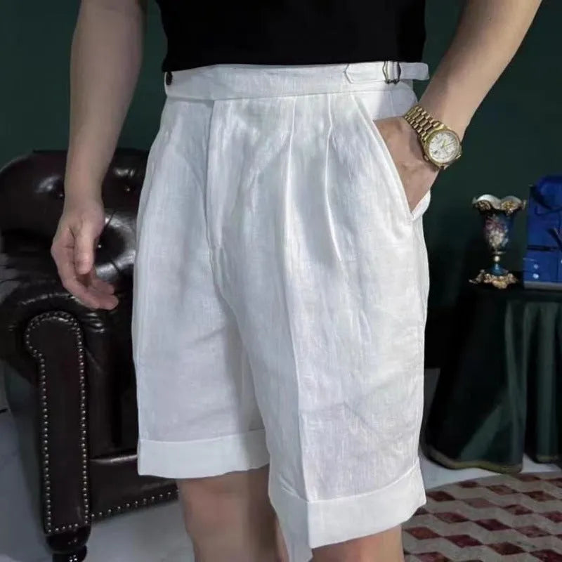 Men's linen five-point shorts in white or navy blue, cotton-linen blend, double waist, cuffed hem, sizes S to 4XL.