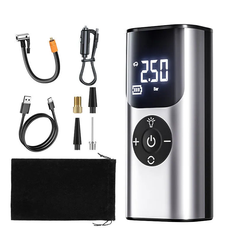 80W portable tire inflator with pressure gauge, warning light and USB charging in black or silver white ABS housing