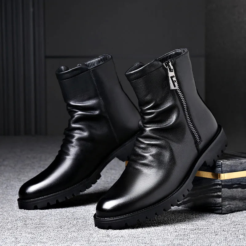 Men's black leather high-top Martin boots with side zipper and wedge heel, winter style