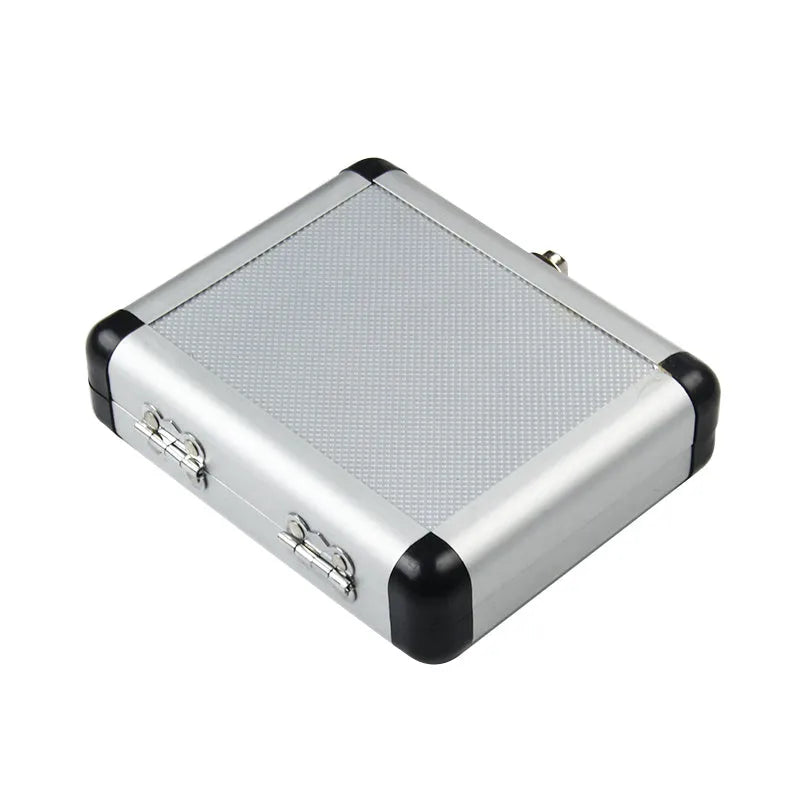 Gold coloured aluminium storage box with steel plate opening mechanism, shown with ruler indicating 58-80mm length.