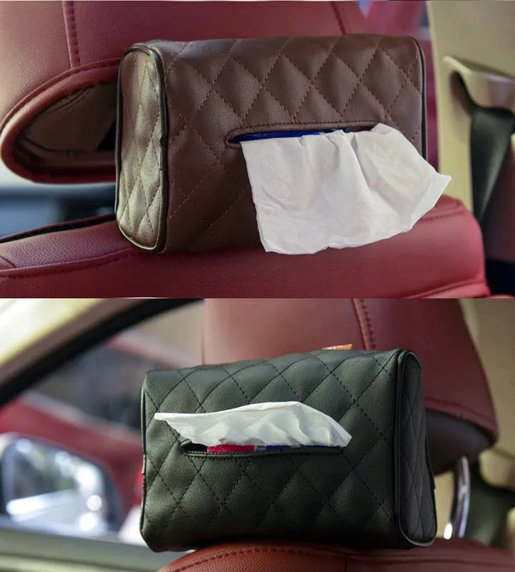 Leather car hanging tray tissue box holder in beige on sun visor measuring 17cm length