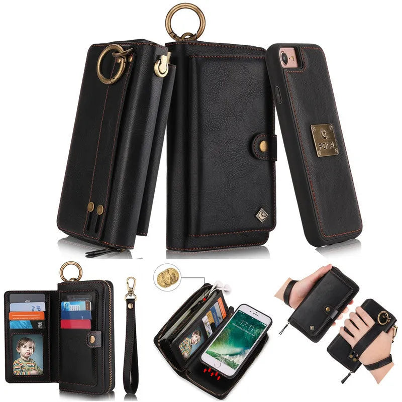 Multifunctional zipper wallet case for iPhone X and 6/7/8 Plus in black, with detachable inner shell, belt clip, card slot, and zip pocket.
