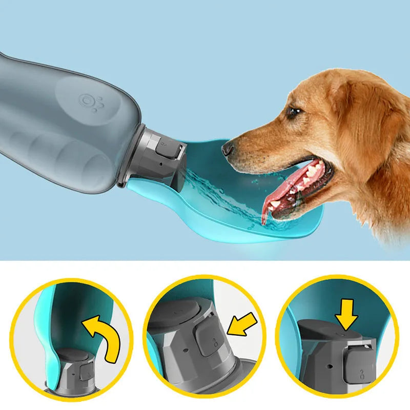 Blue grey portable dog water bottle with foldable drinking bowl showing 800ml capacity