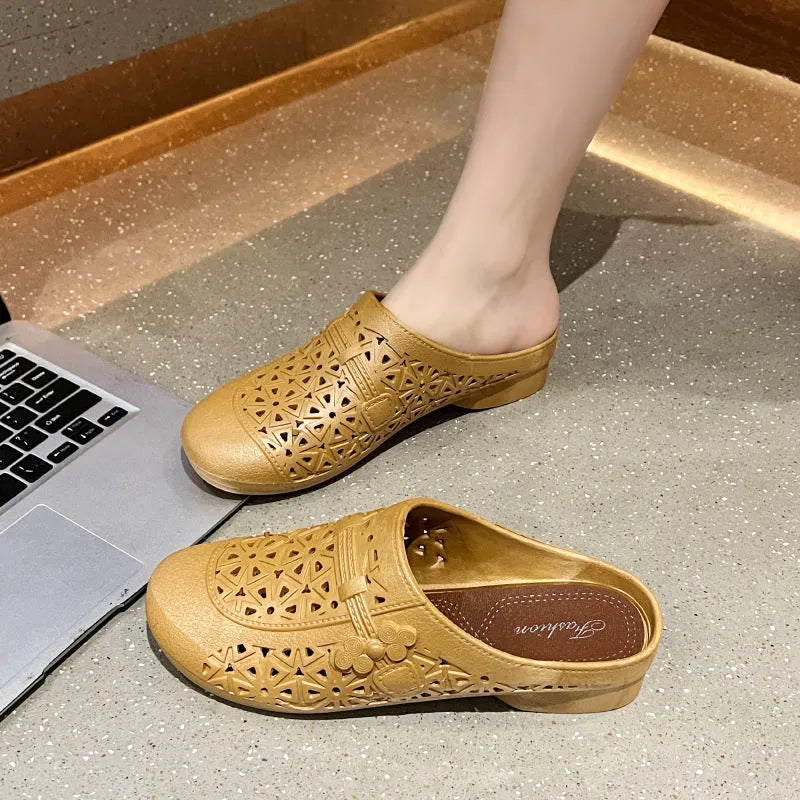 Apricot, black, and brown fairy style PVC half slippers with flat toe box on a white background.