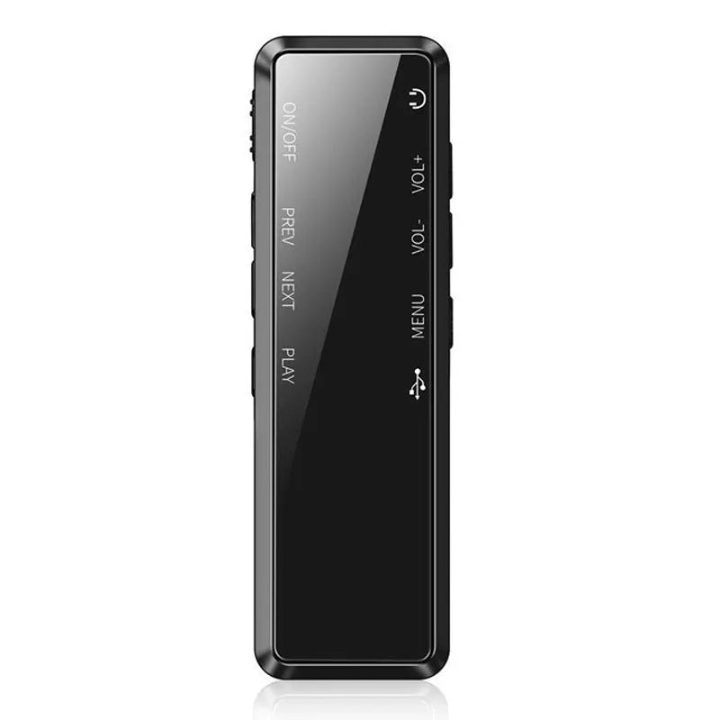 Black zinc alloy USB voice recorder and MP3 player showing LCD screen and USB connector