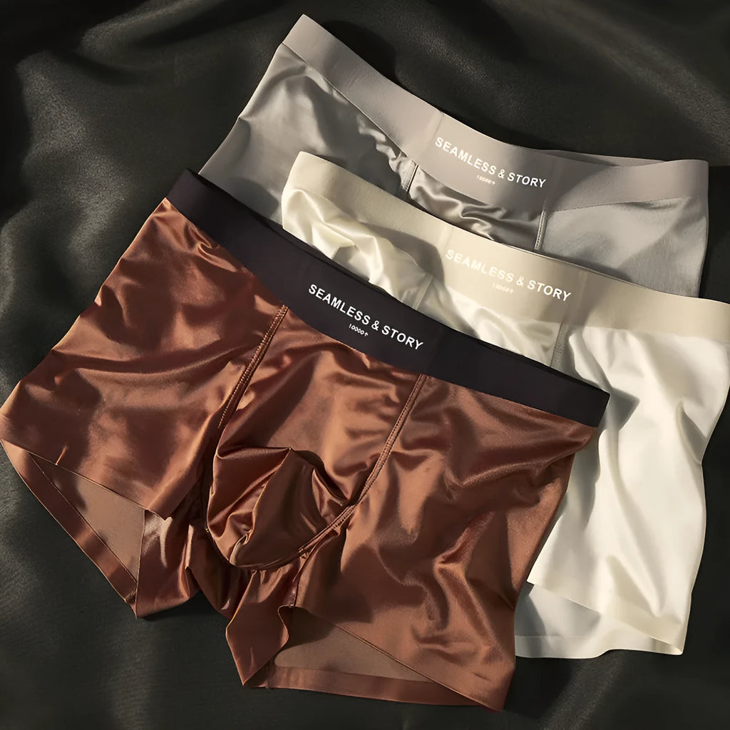 Men's satin ice silk underwear in coffee colour showing mid-waist waistband and traceless construction