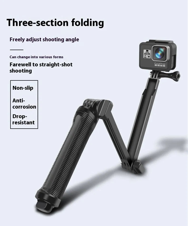 Black folding tripod bracket for GoPro Hero action cameras in collapsed position.