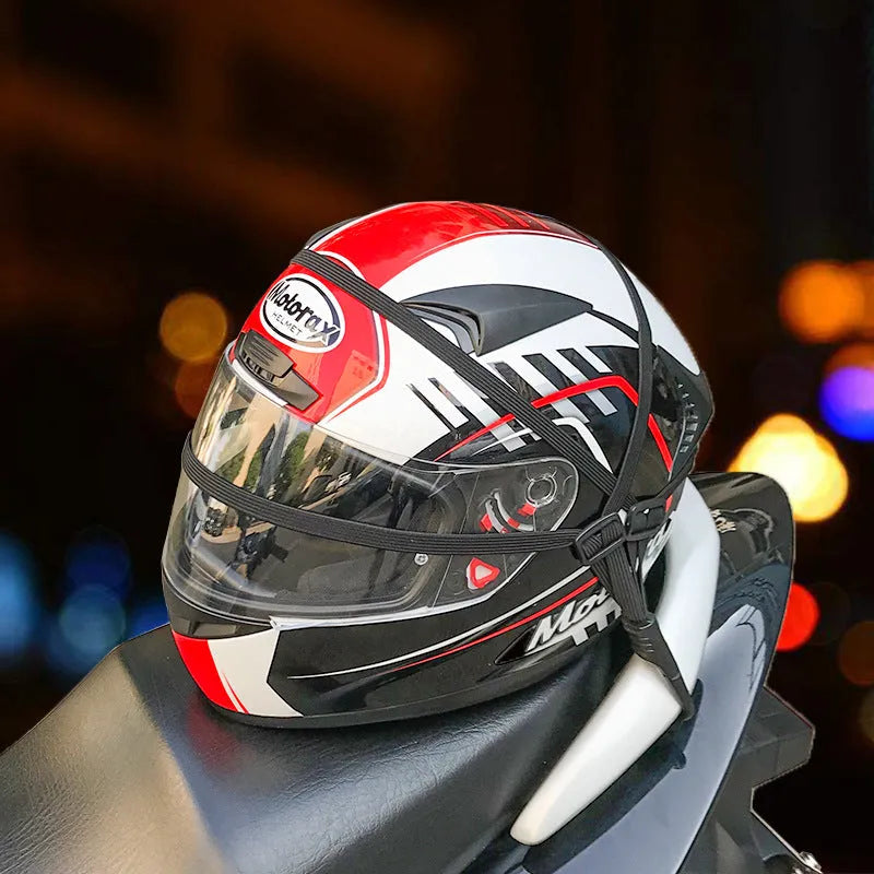Black retractable motorcycle helmet strap with two metal hooks on a white background