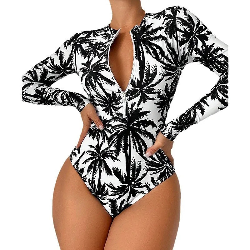 Women's one-piece printed swimsuit in blue with polyester and spandex lining, sizes S to XL.