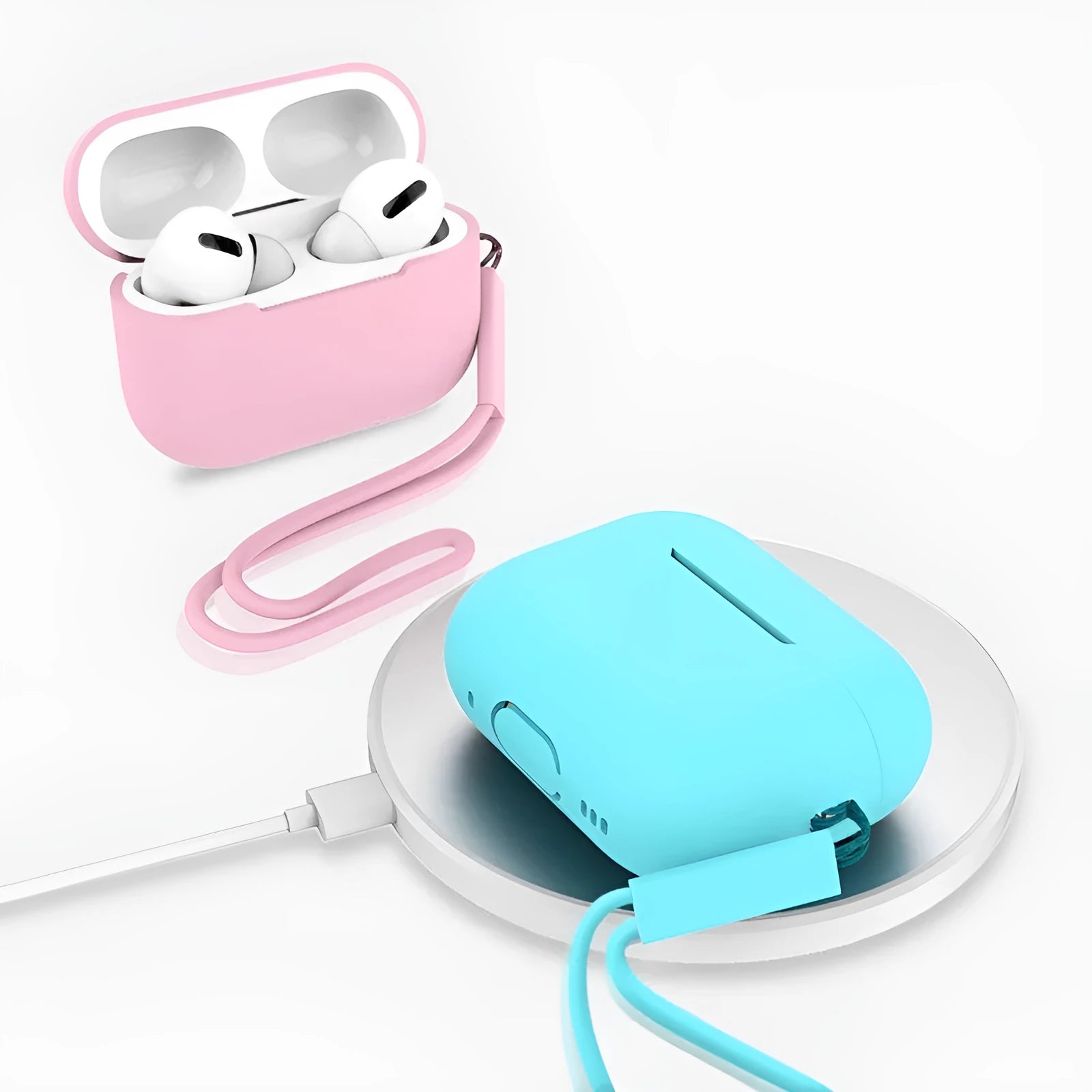 AirPods Pro 2 silicone protective case with attached lanyard in various solid colours.