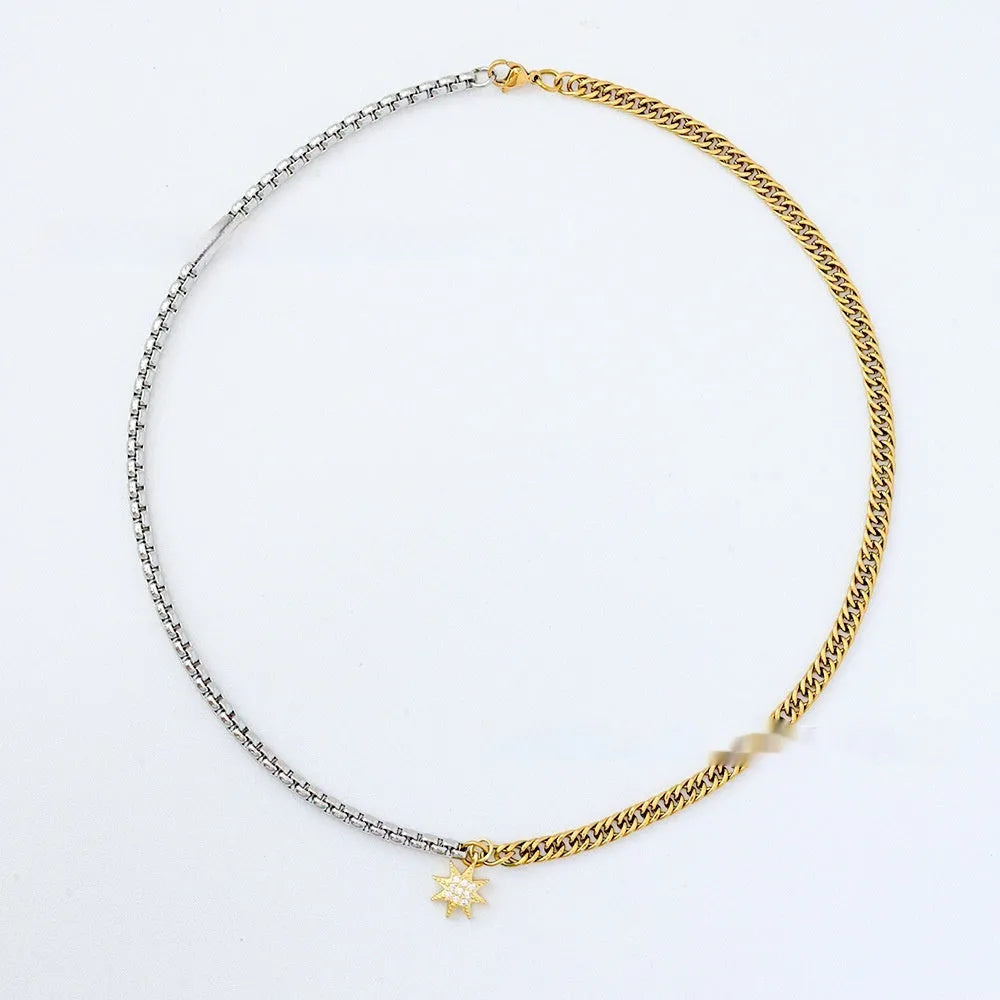 Gold dual-color patchwork pendant necklace on titanium steel chain, high polished finish