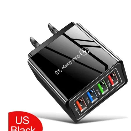 Four-port USB wall charger with luminous light, shown in dark blue colour with EU plug.