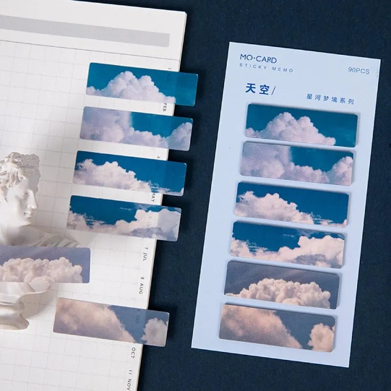 Pack of 90 night sky star index post-it notes in six colours: sky, moon, ocean, dusk, forest, and petard.